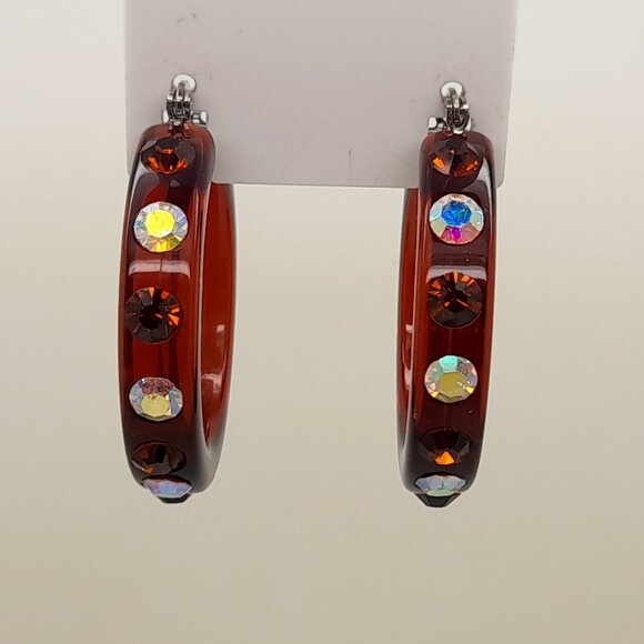 brown lucite Acrylic wide 1.5 Hoop smoked topaz & ab Latch back Fashion Earrings - Picture 2 of 5